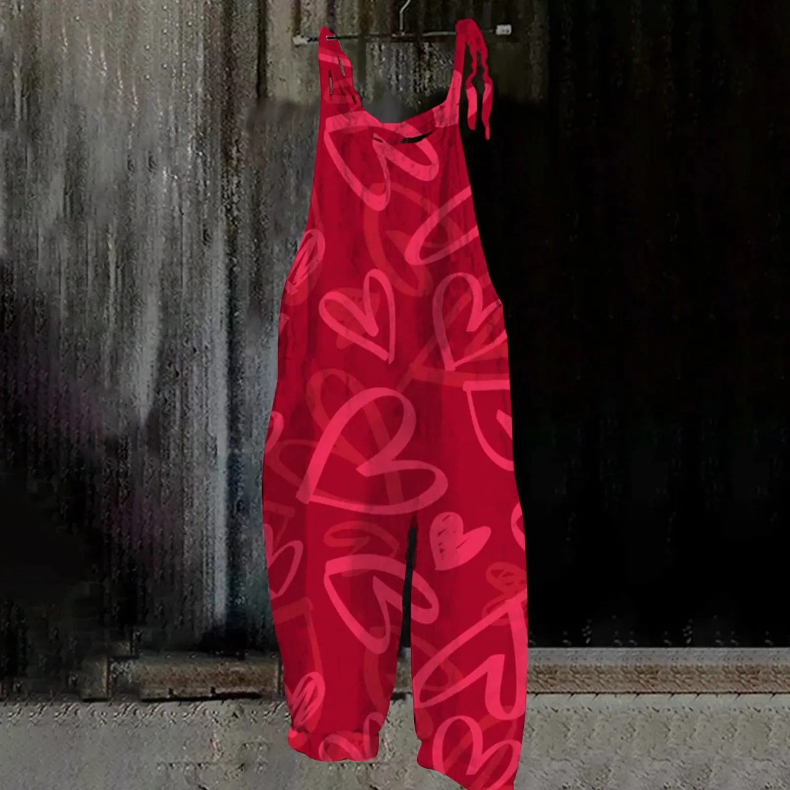 Ladies Valentine'S Day Printed Jumpsuit Retro Casual Heart Print Pink Suspender Overalls Women Loose Jumpsuits Ropa De Mujer
