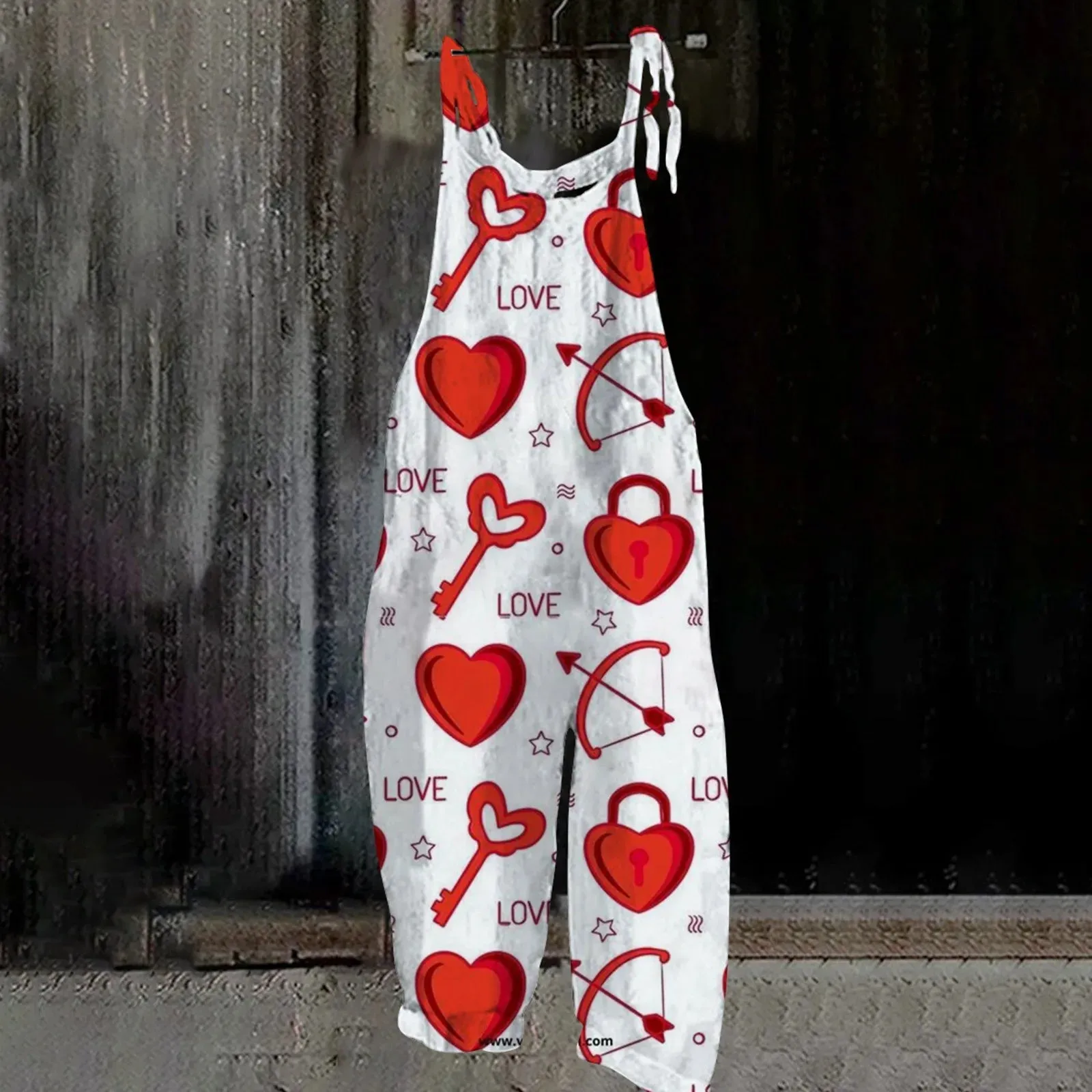 Ladies Valentine'S Day Printed Jumpsuit Retro Casual Heart Print Pink Suspender Overalls Women Loose Jumpsuits Ropa De Mujer