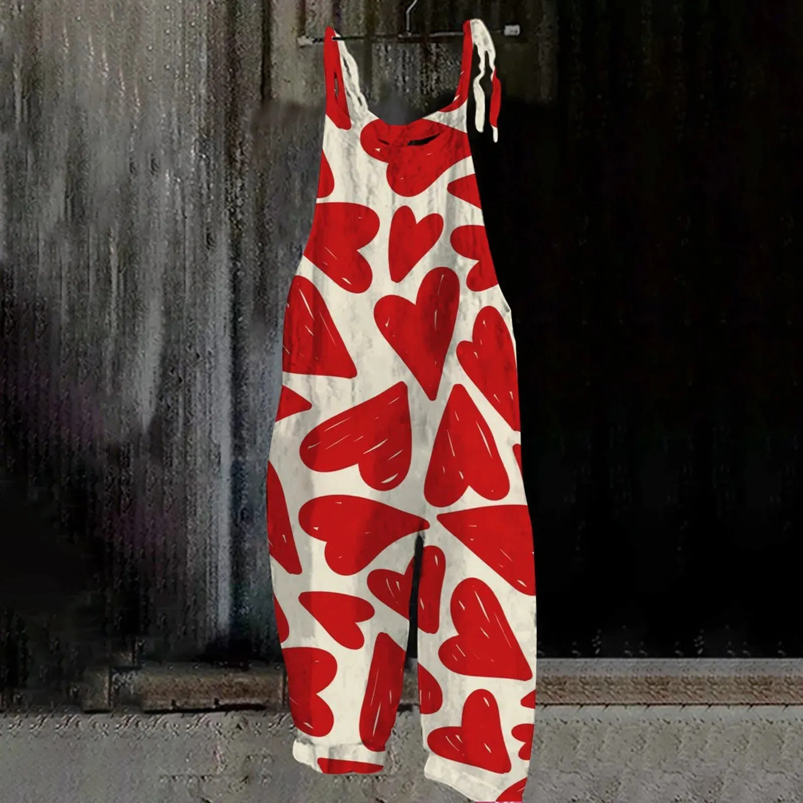 Ladies Valentine'S Day Printed Jumpsuit Retro Casual Heart Print Pink Suspender Overalls Women Loose Jumpsuits Ropa De Mujer