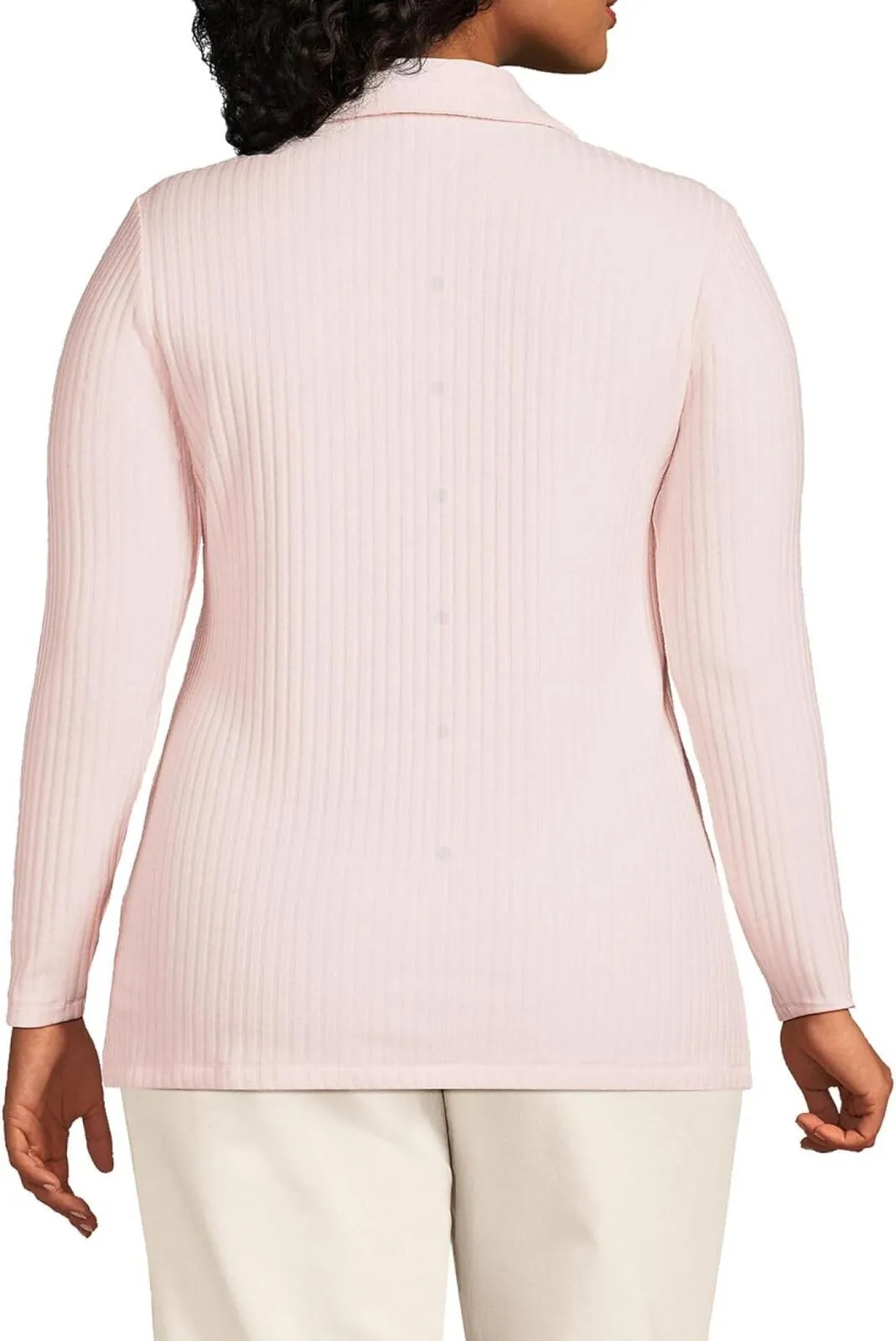 Lands End Womens Long Sleeve Wide Rib Button Front Polo Shirt Pale Petal Pink 2X