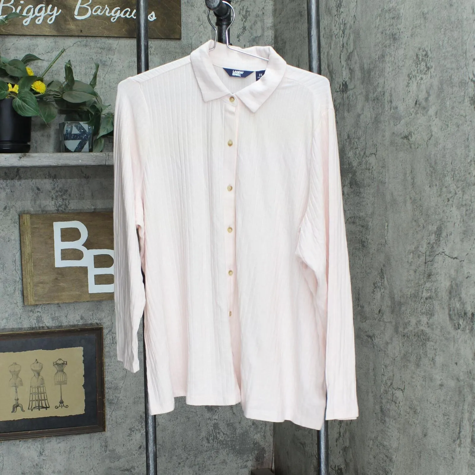 Lands End Womens Long Sleeve Wide Rib Button Front Polo Shirt Pale Petal Pink 2X