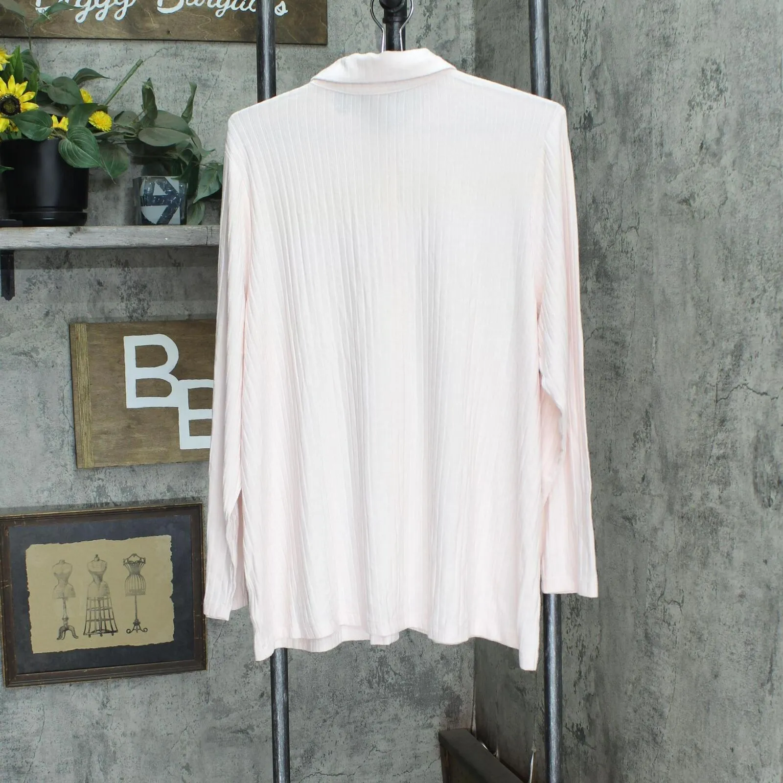 Lands End Womens Long Sleeve Wide Rib Button Front Polo Shirt Pale Petal Pink 2X