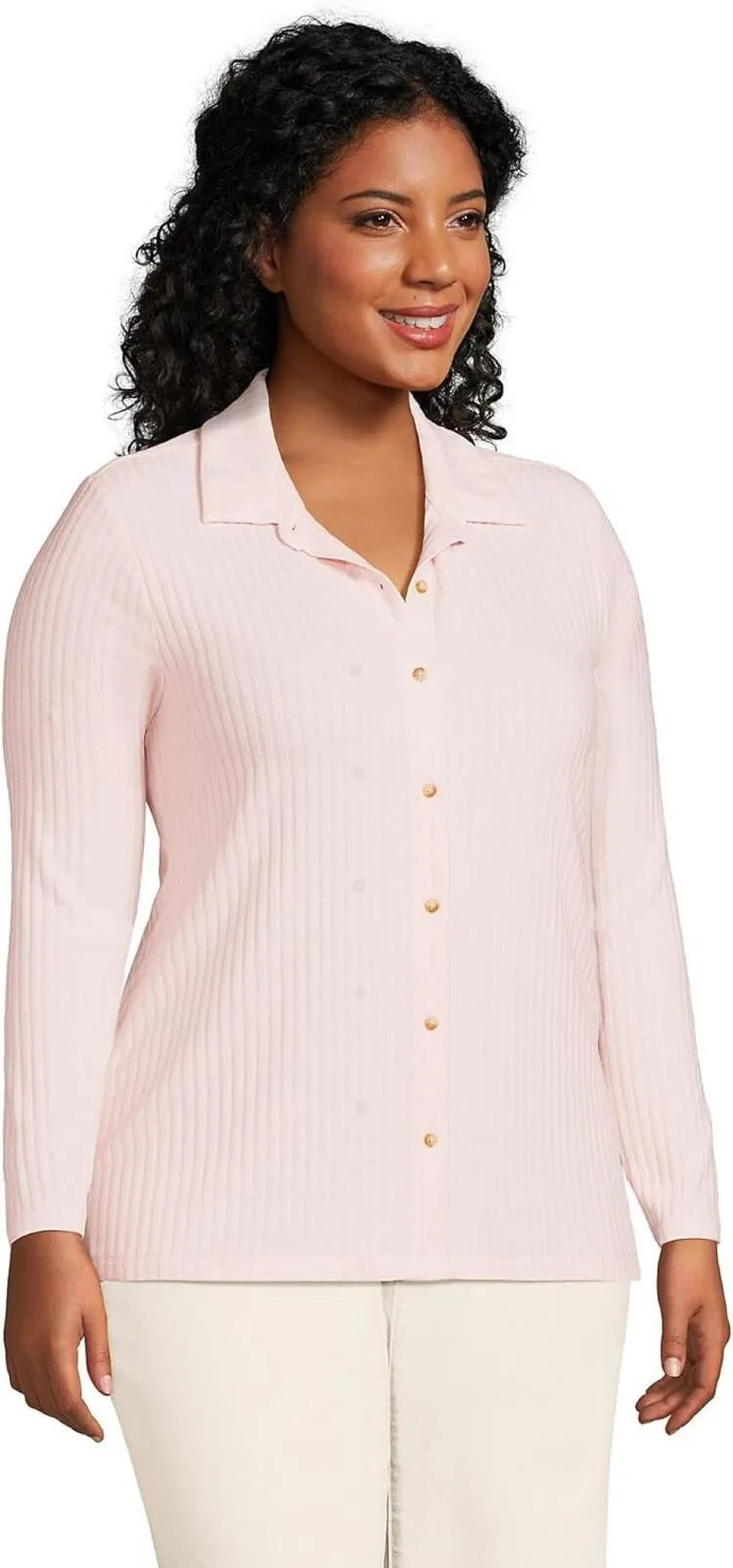 Lands End Womens Long Sleeve Wide Rib Button Front Polo Shirt Pale Petal Pink 2X