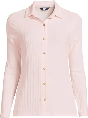 Lands End Womens Long Sleeve Wide Rib Button Front Polo Shirt Pale Petal Pink 2X