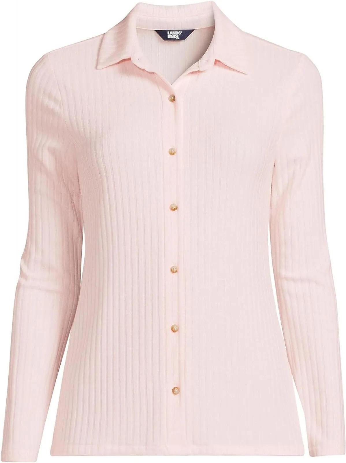 Lands End Womens Long Sleeve Wide Rib Button Front Polo Shirt Pale Petal Pink 2X