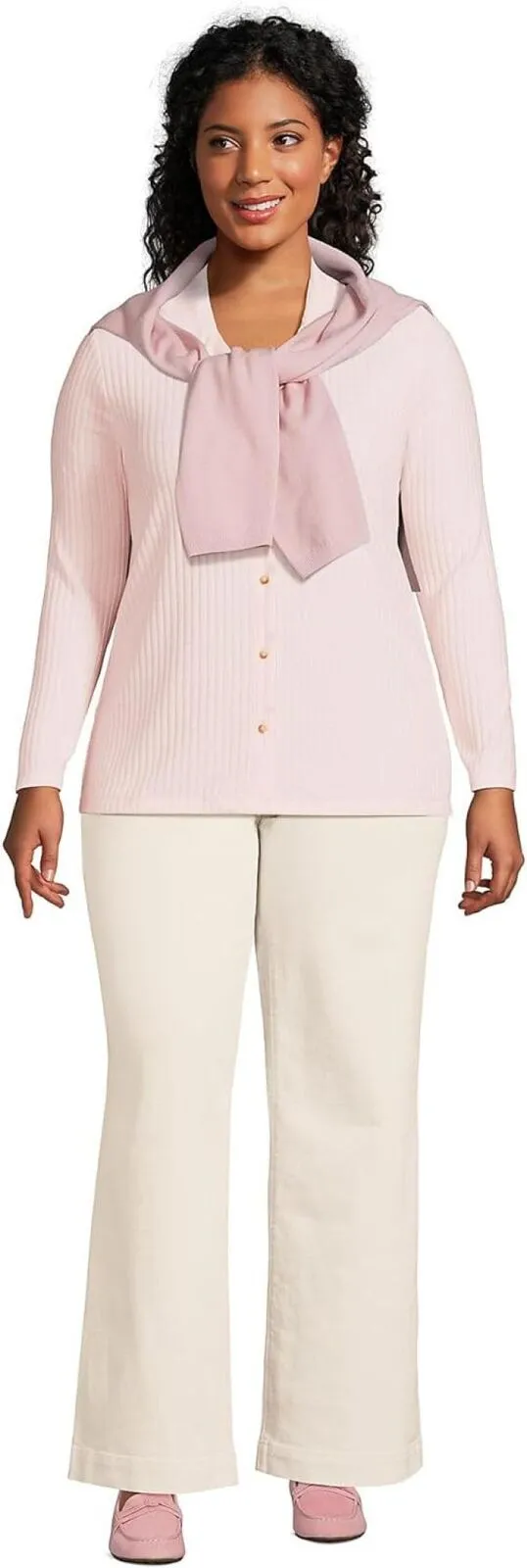 Lands End Womens Long Sleeve Wide Rib Button Front Polo Shirt Pale Petal Pink 2X