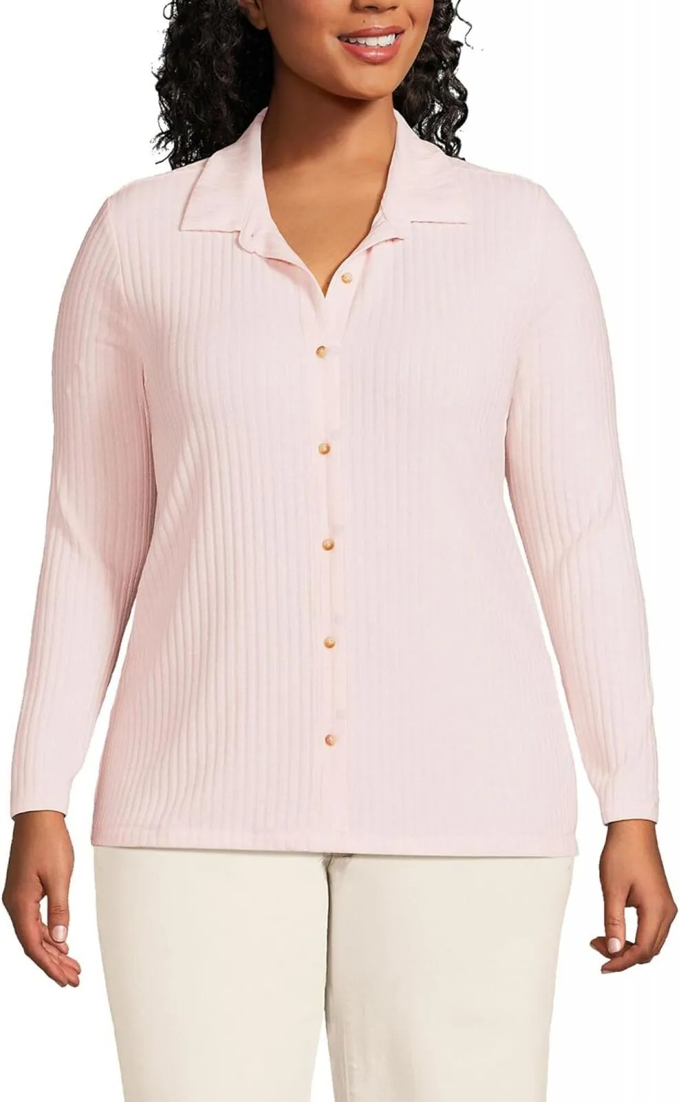 Lands End Womens Long Sleeve Wide Rib Button Front Polo Shirt Pale Petal Pink 2X