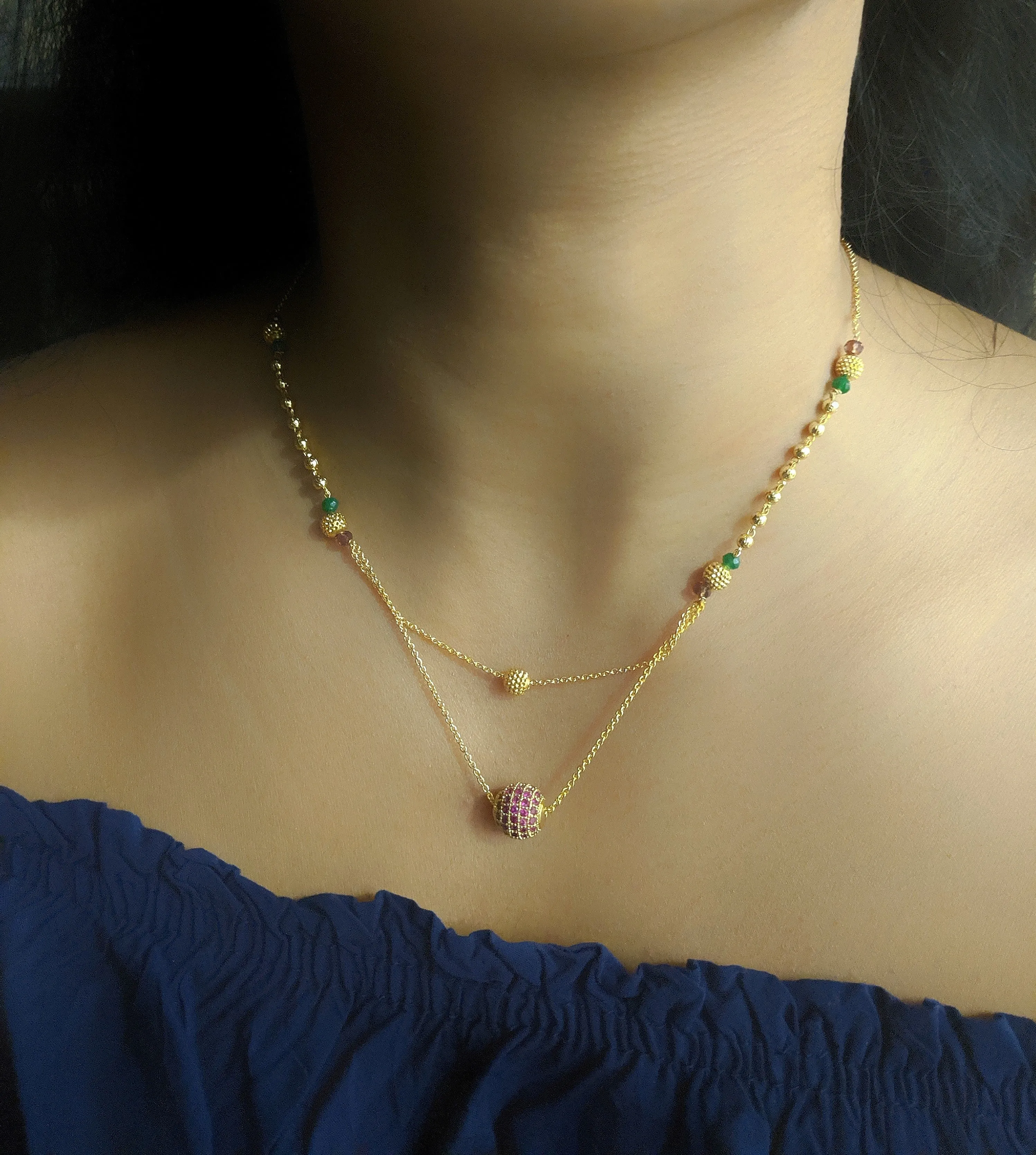 Latest Short Necklace Set Designs in Gold Finish Multicolor Beads 2 Layer Necklace