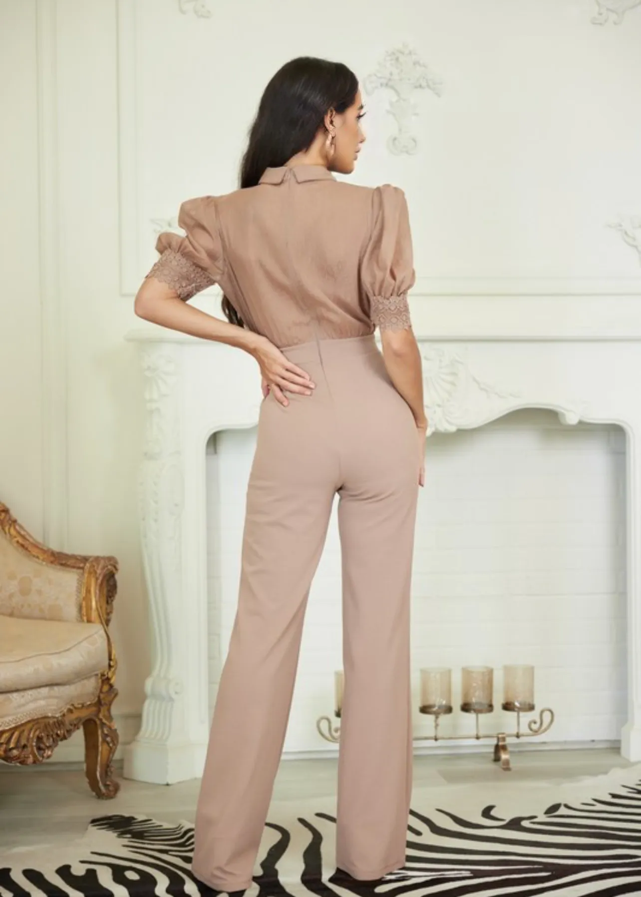 Laura Mocha Crochet Embroidered Flower Bow Jumpsuit – Elegant & Timeless Look