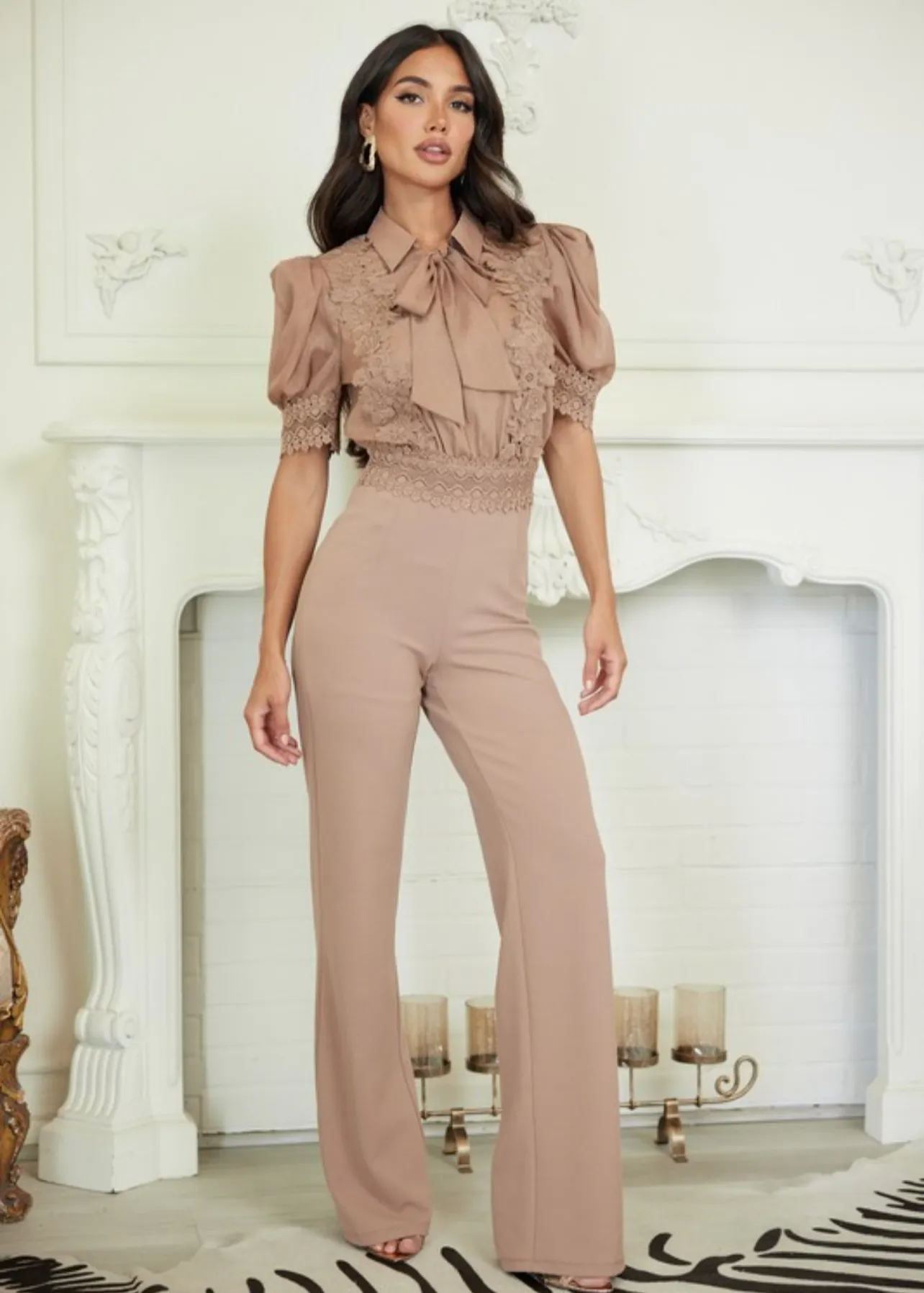 Laura Mocha Crochet Embroidered Flower Bow Jumpsuit – Elegant & Timeless Look