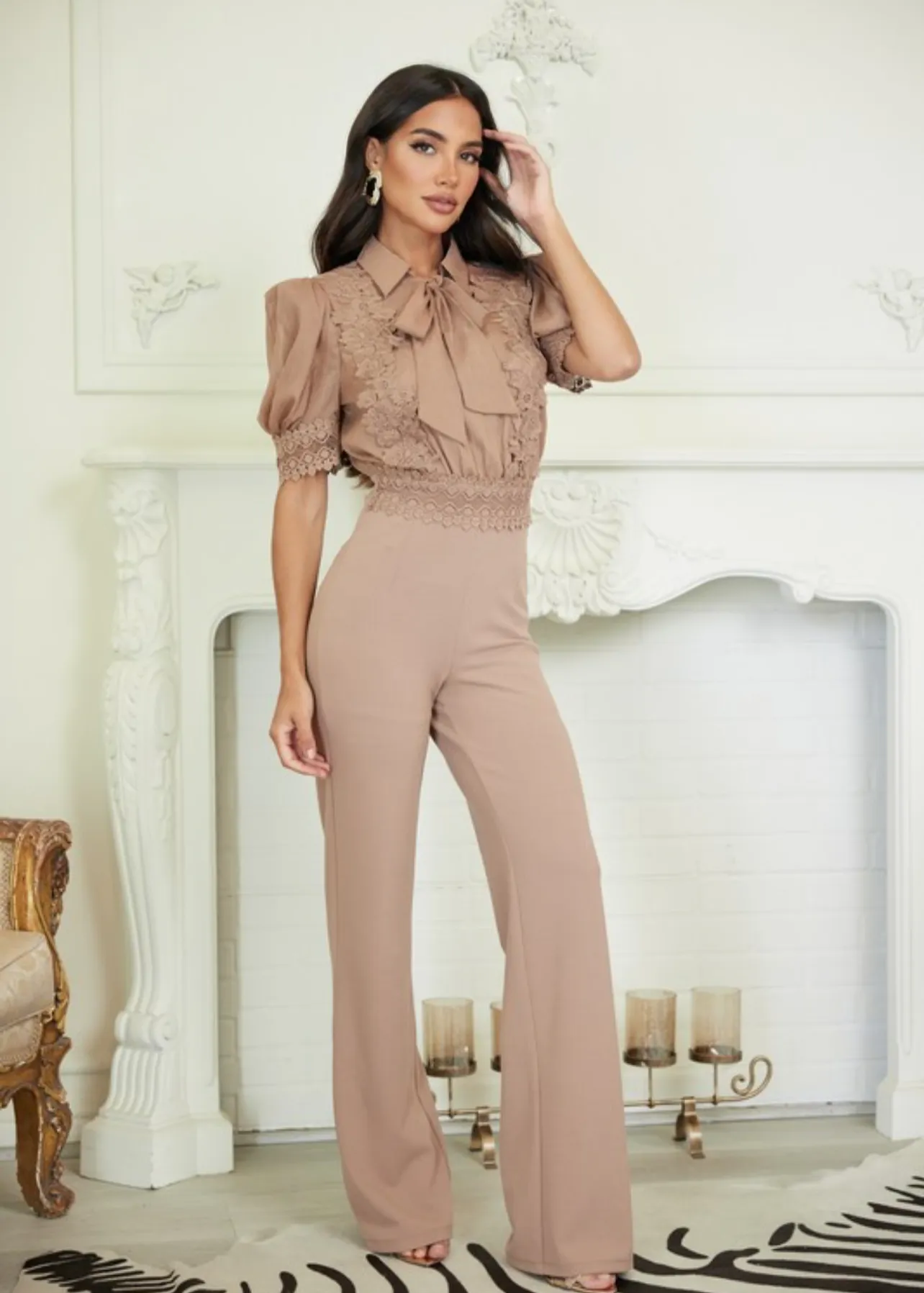 Laura Mocha Crochet Embroidered Flower Bow Jumpsuit – Elegant & Timeless Look