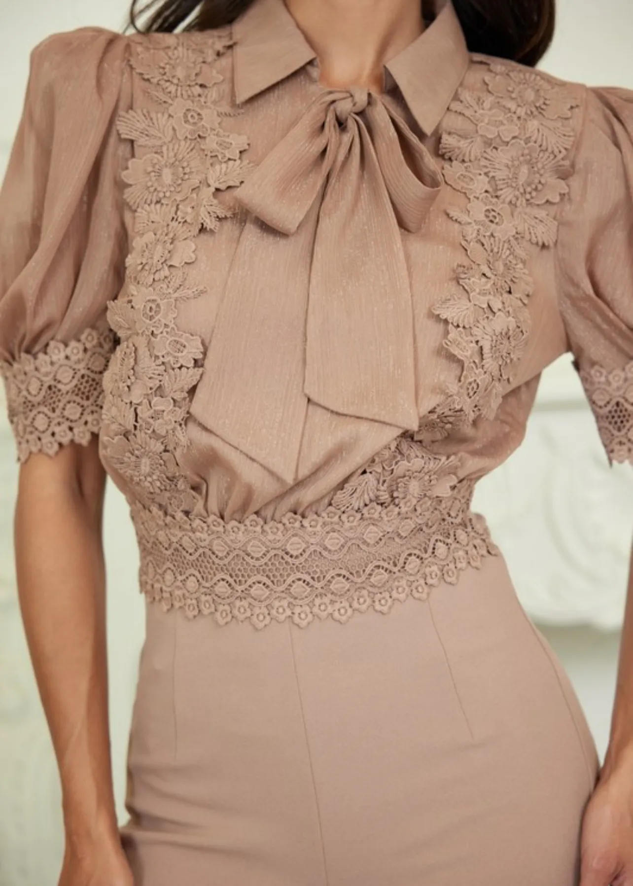 Laura Mocha Crochet Embroidered Flower Bow Jumpsuit – Elegant & Timeless Look