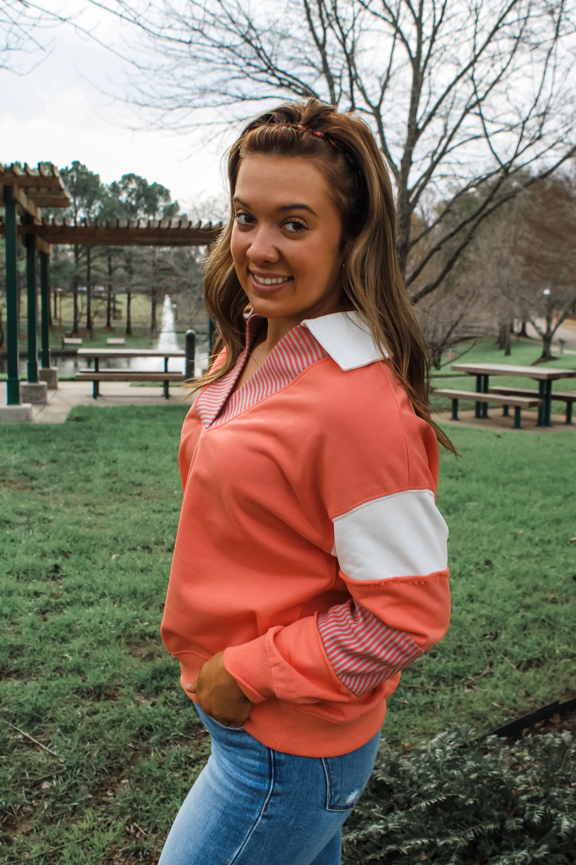 Leighton Polo Striped Pullover • Coral