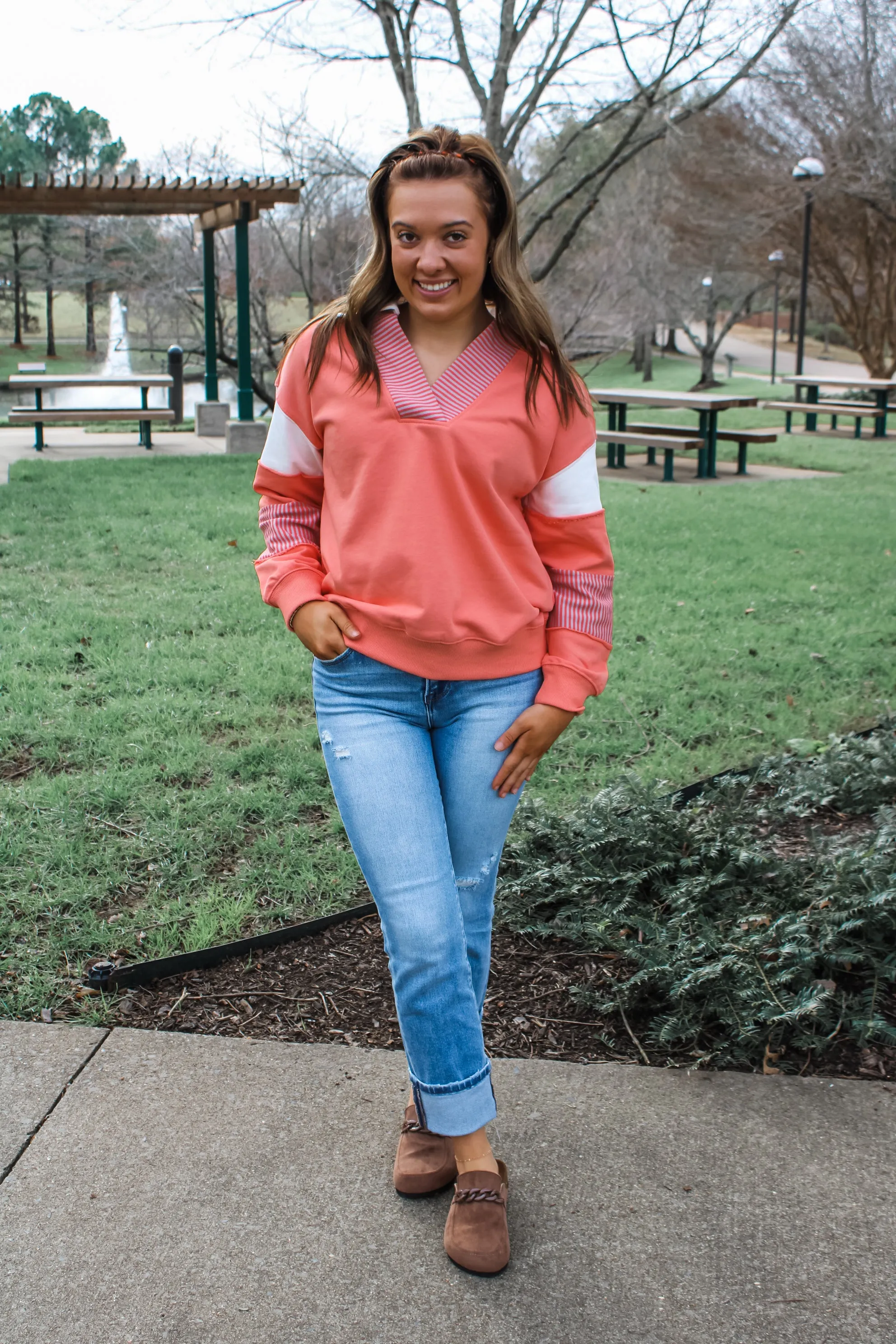 Leighton Polo Striped Pullover • Coral