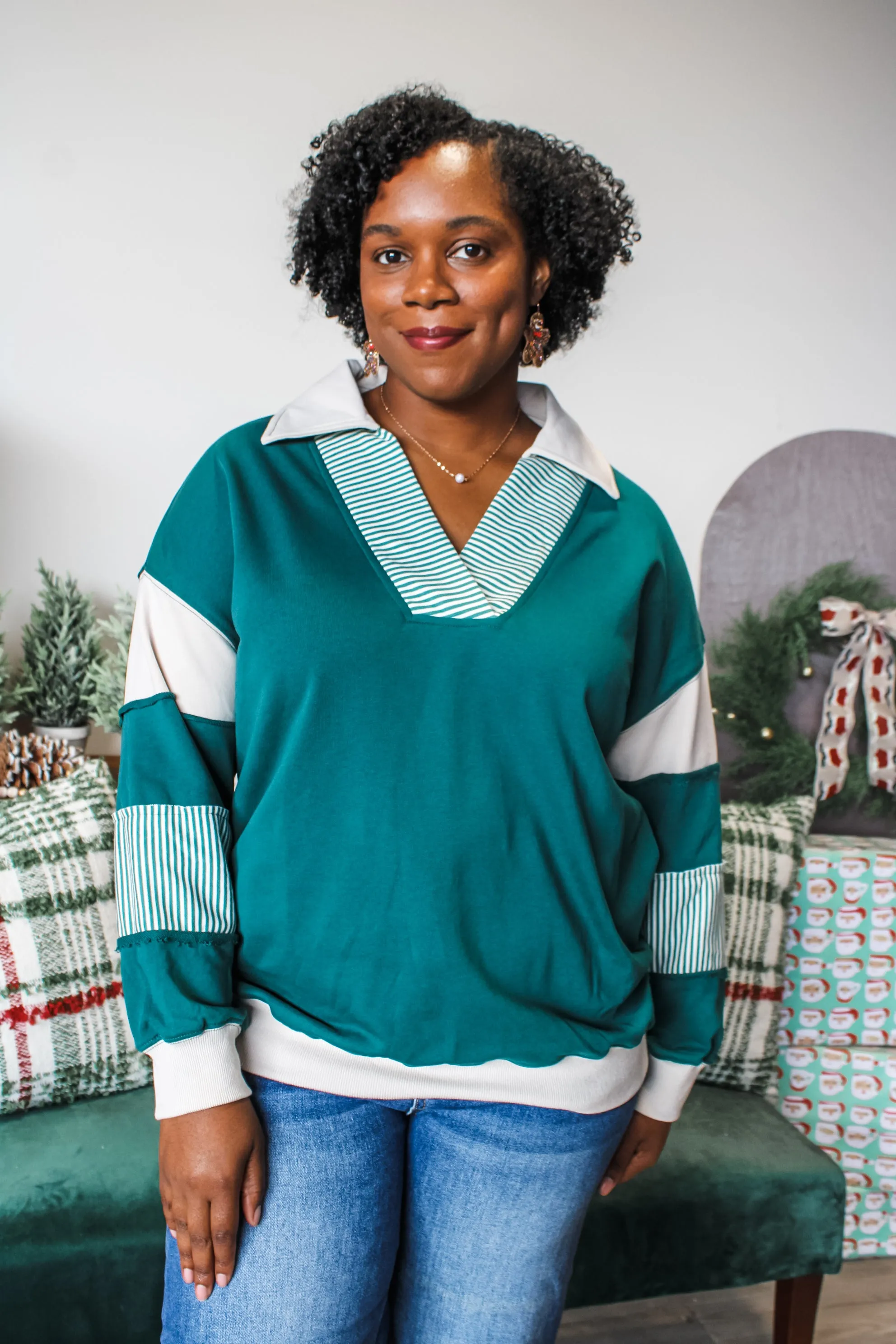 Leighton Striped Polo Pullover • Evergreen