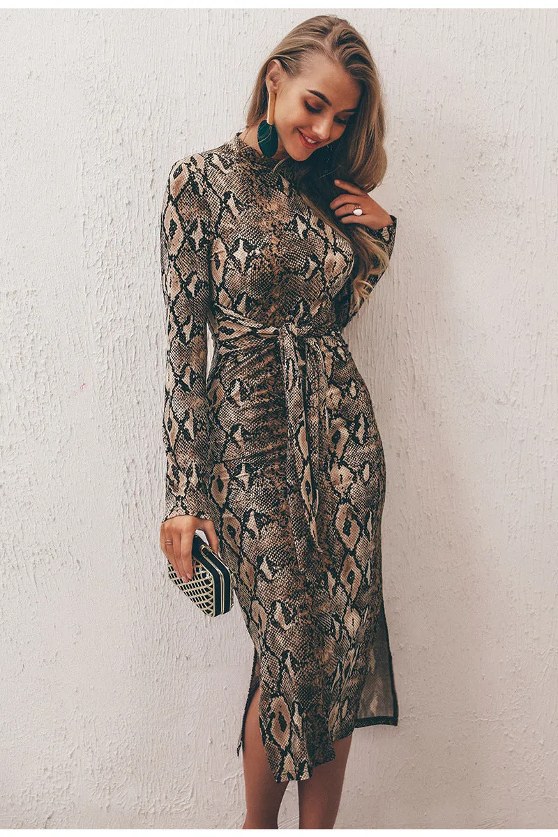 Leopard Sexy Dress Snake Print Long Skirt Long Sleeve Belt Skinny Dress