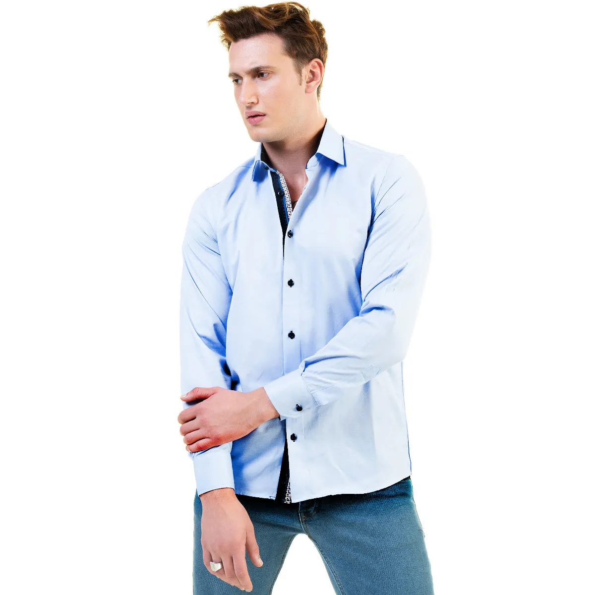 Light Blue Mens Slim Fit Designer Dress Shirt - tailored Cotton Shirts for Work