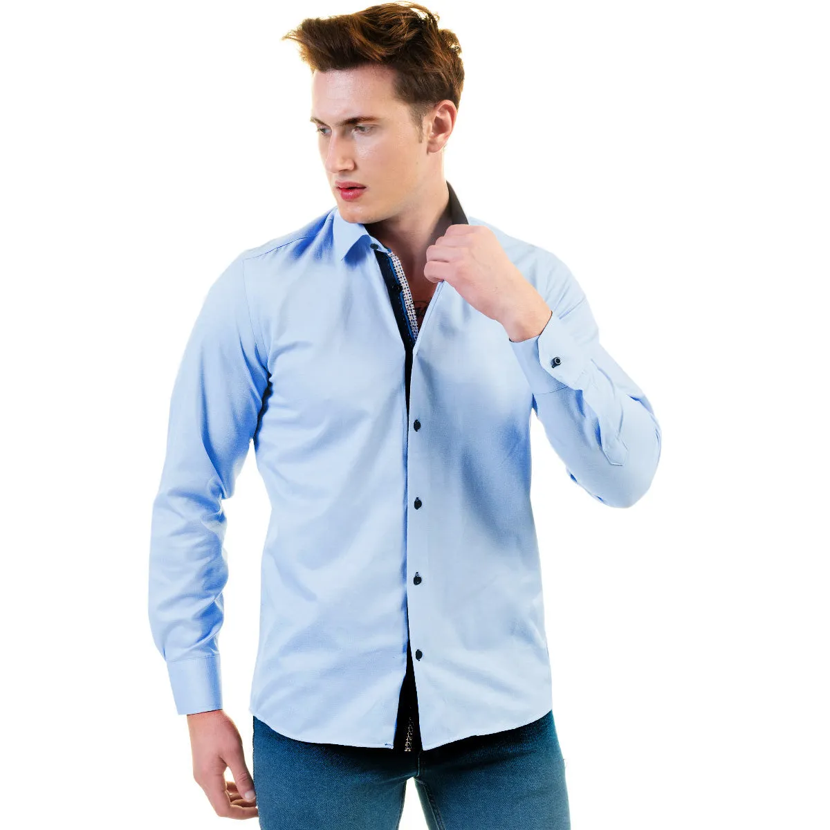 Light Blue Mens Slim Fit Designer Dress Shirt - tailored Cotton Shirts for Work