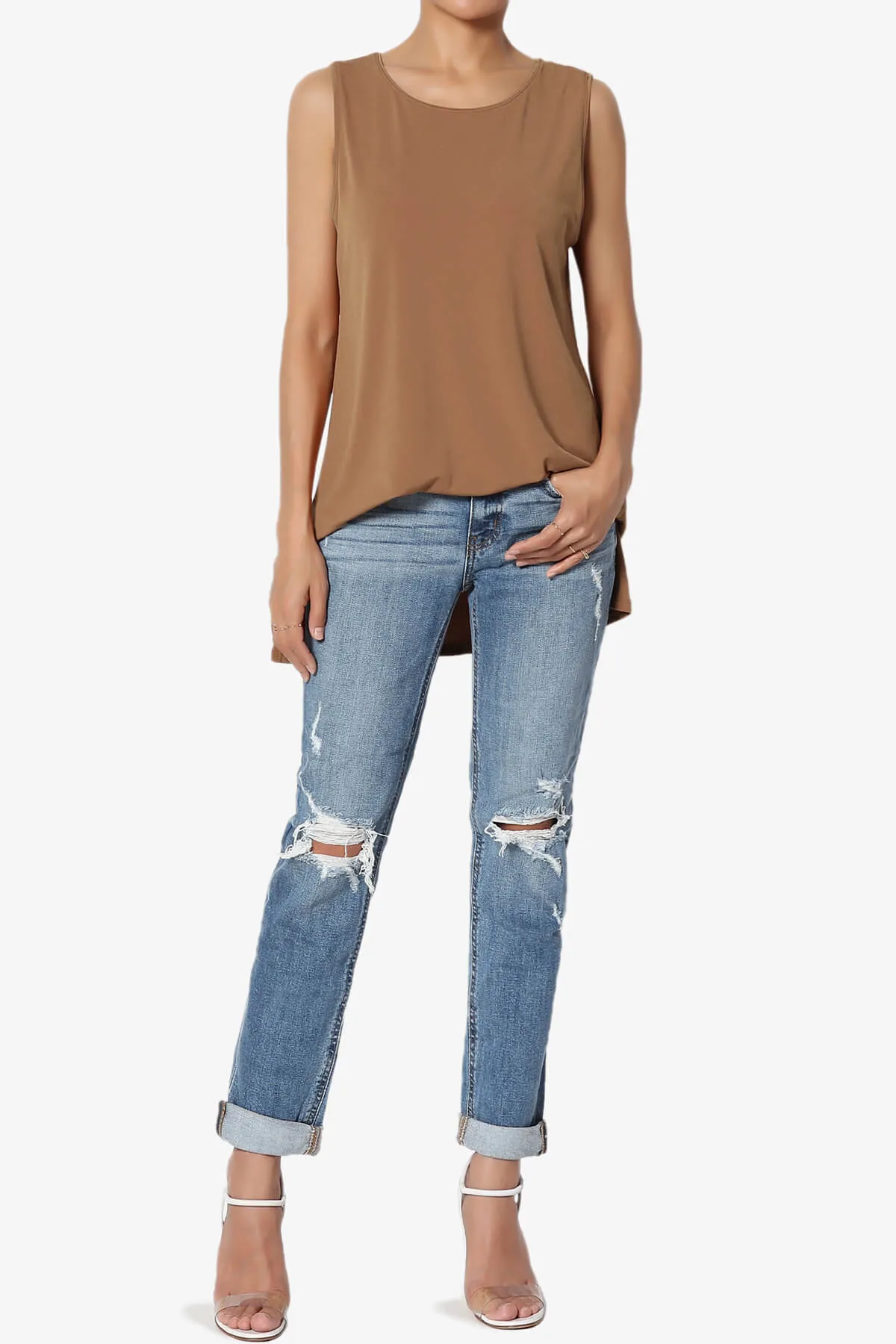 Lilly Sleeveless Side Slit Fluid Knit Tank Top PLUS