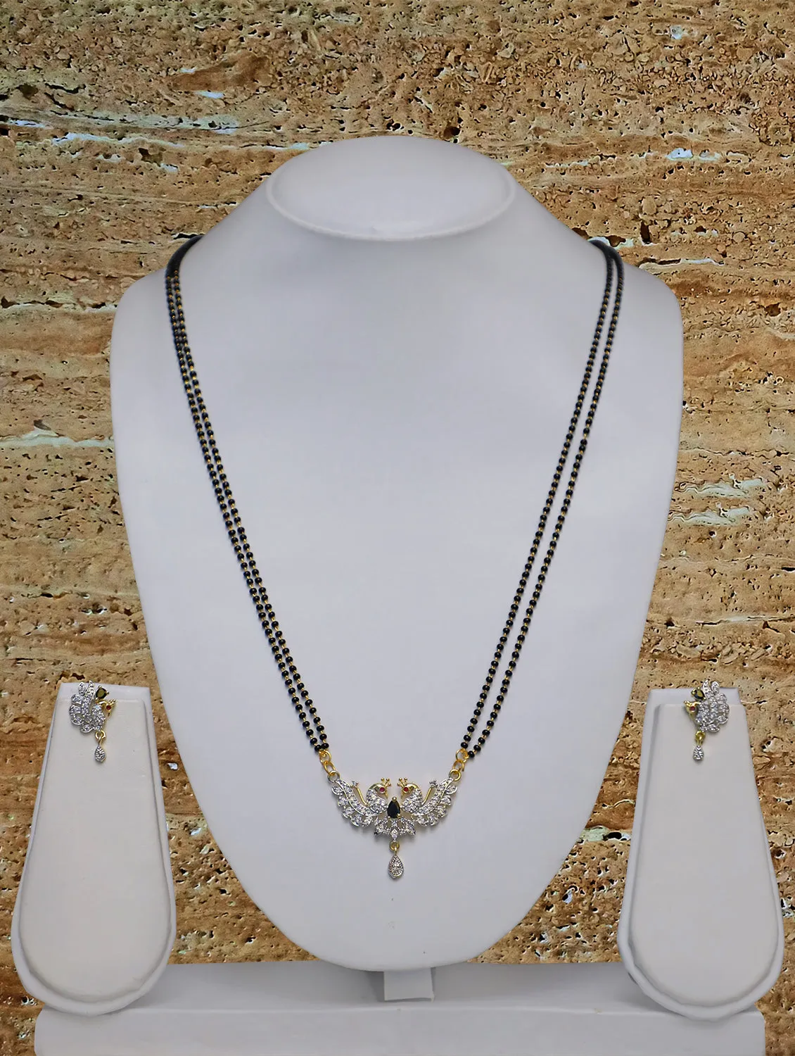 Long Mangalsutra Designs Gold Plated Latest American Diamond Peacock Pendant 27 Inches Mangalsutra & Earrings