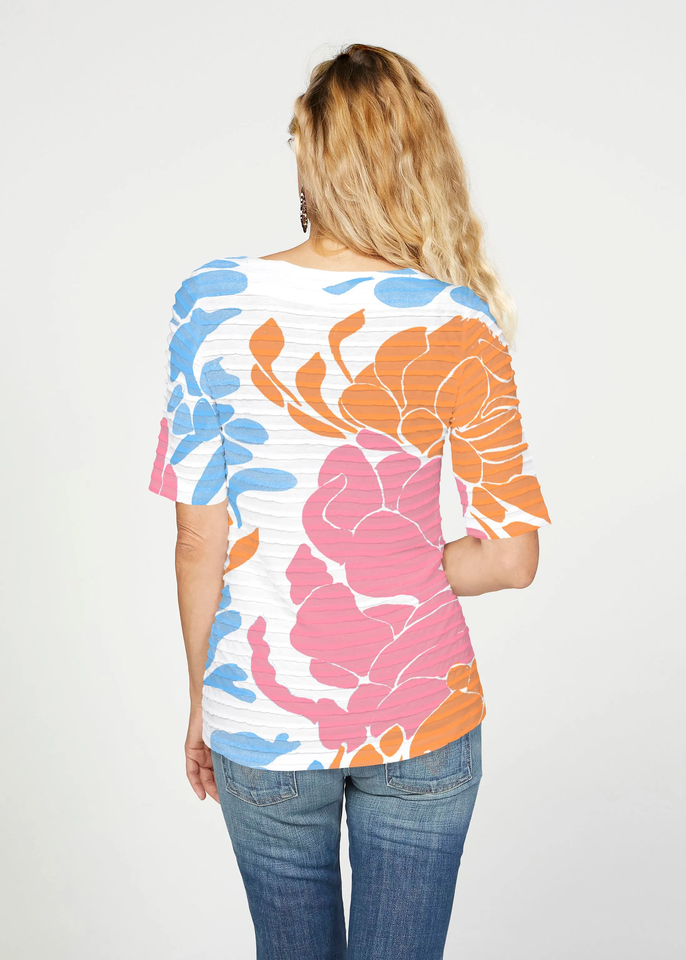 Lotus Pink/Orange (23058) ~ Banded Elbow Sleeve Boat Neck Top