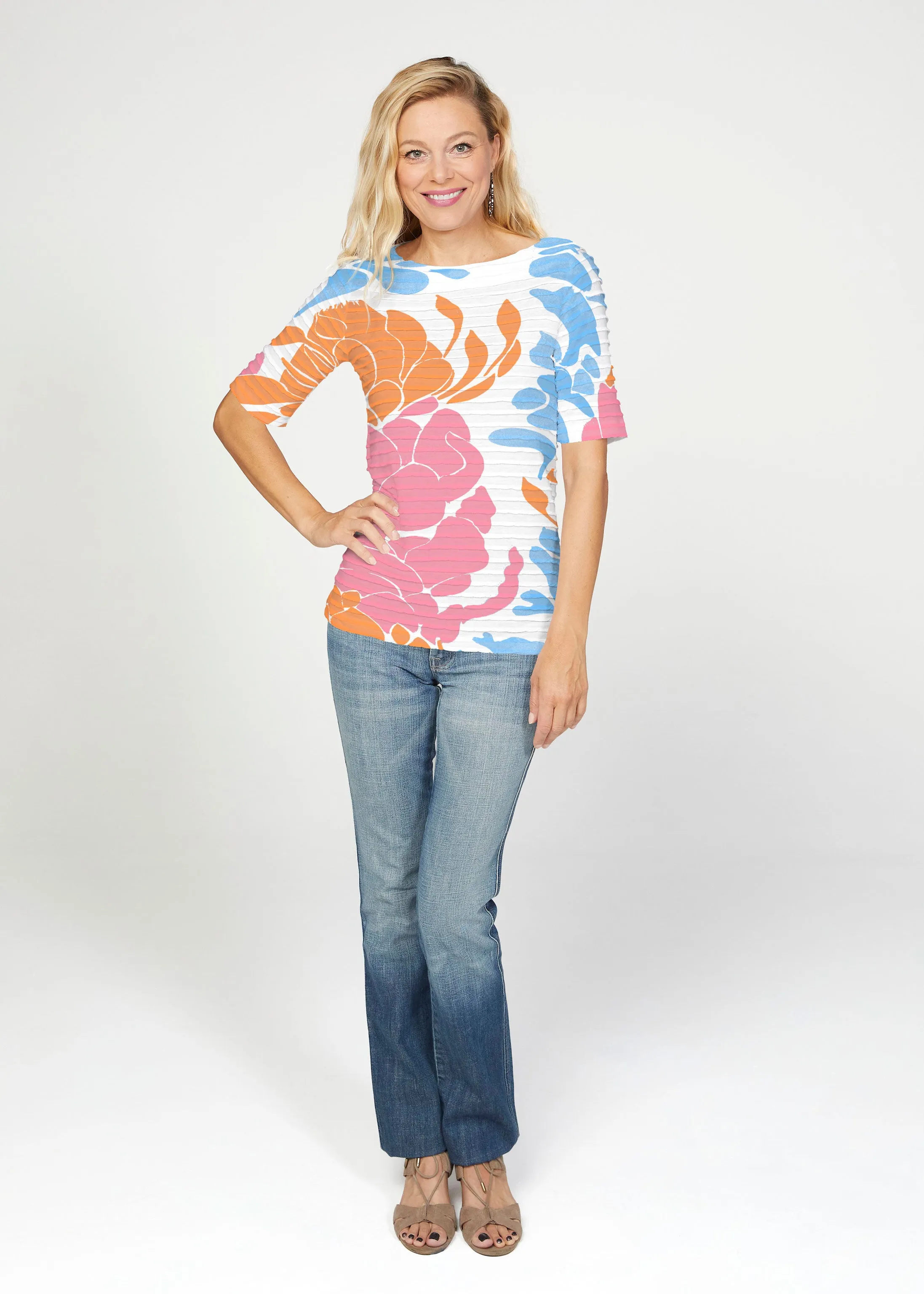 Lotus Pink/Orange (23058) ~ Banded Elbow Sleeve Boat Neck Top