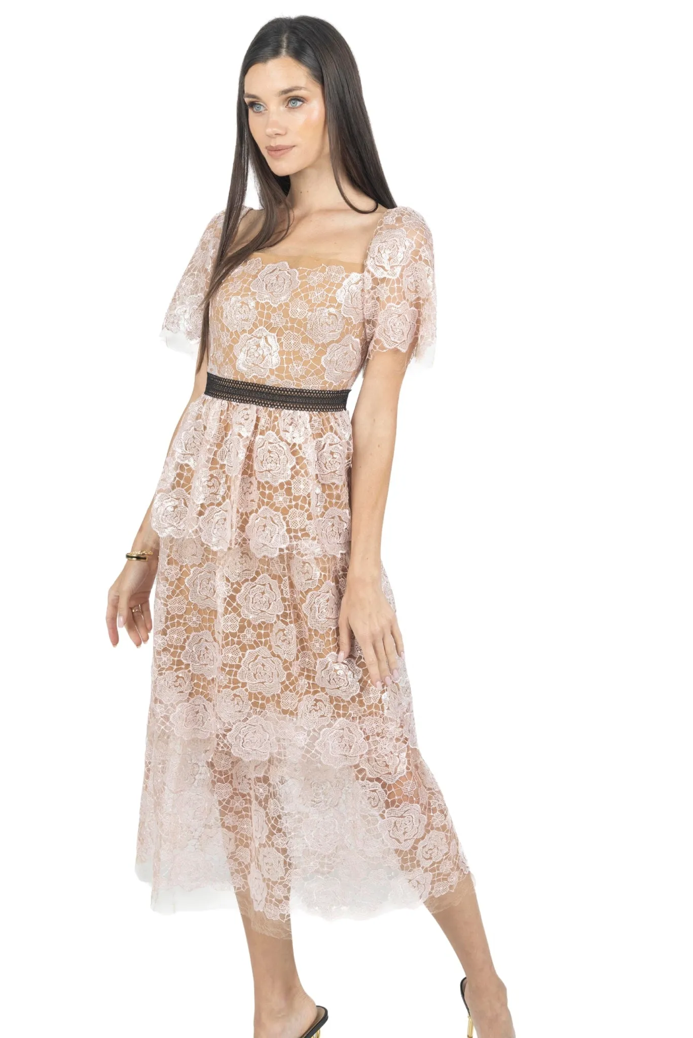 Luna Guipure Lace Embellished Dress in Pink
