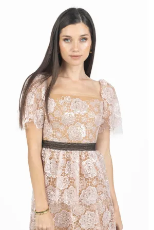 Luna Guipure Lace Embellished Dress in Pink