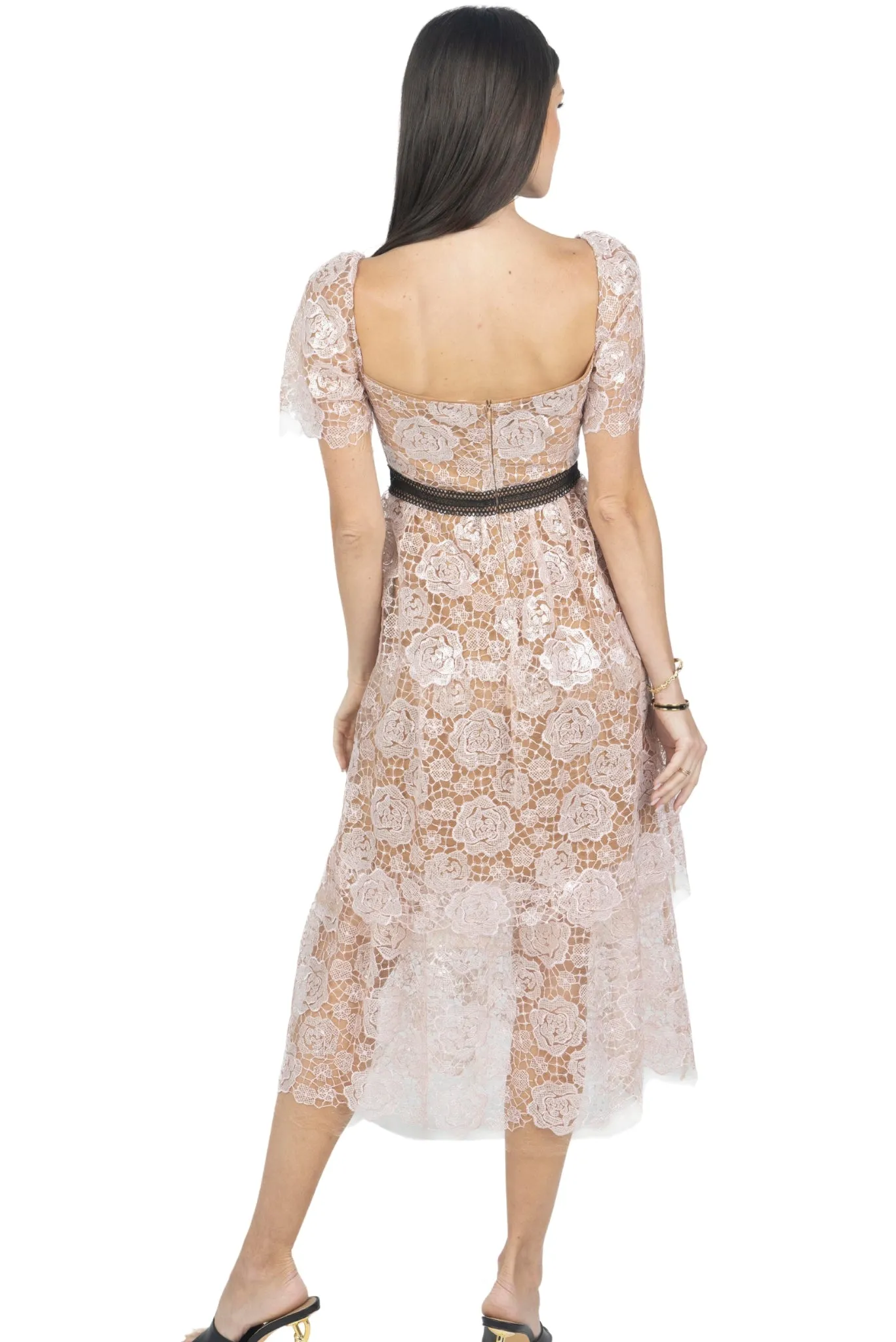Luna Guipure Lace Embellished Dress in Pink
