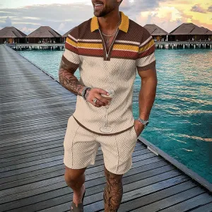 Men's Geometric Print Casual Short-Sleeved Polo Two-Piece Set