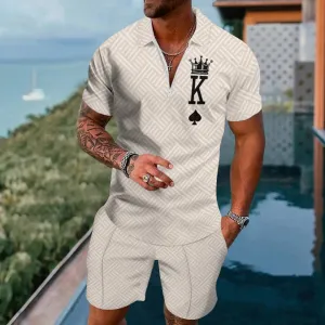 Men's K Letter Print Casual Short Sleeve Polo Set 2406000865
