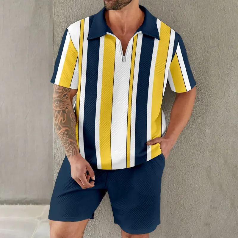 Men's Retro Classic Yellow And Navy Blue Contrast Stripes Zipper Polo Set