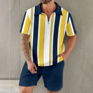Men's Retro Classic Yellow And Navy Blue Contrast Stripes Zipper Polo Set