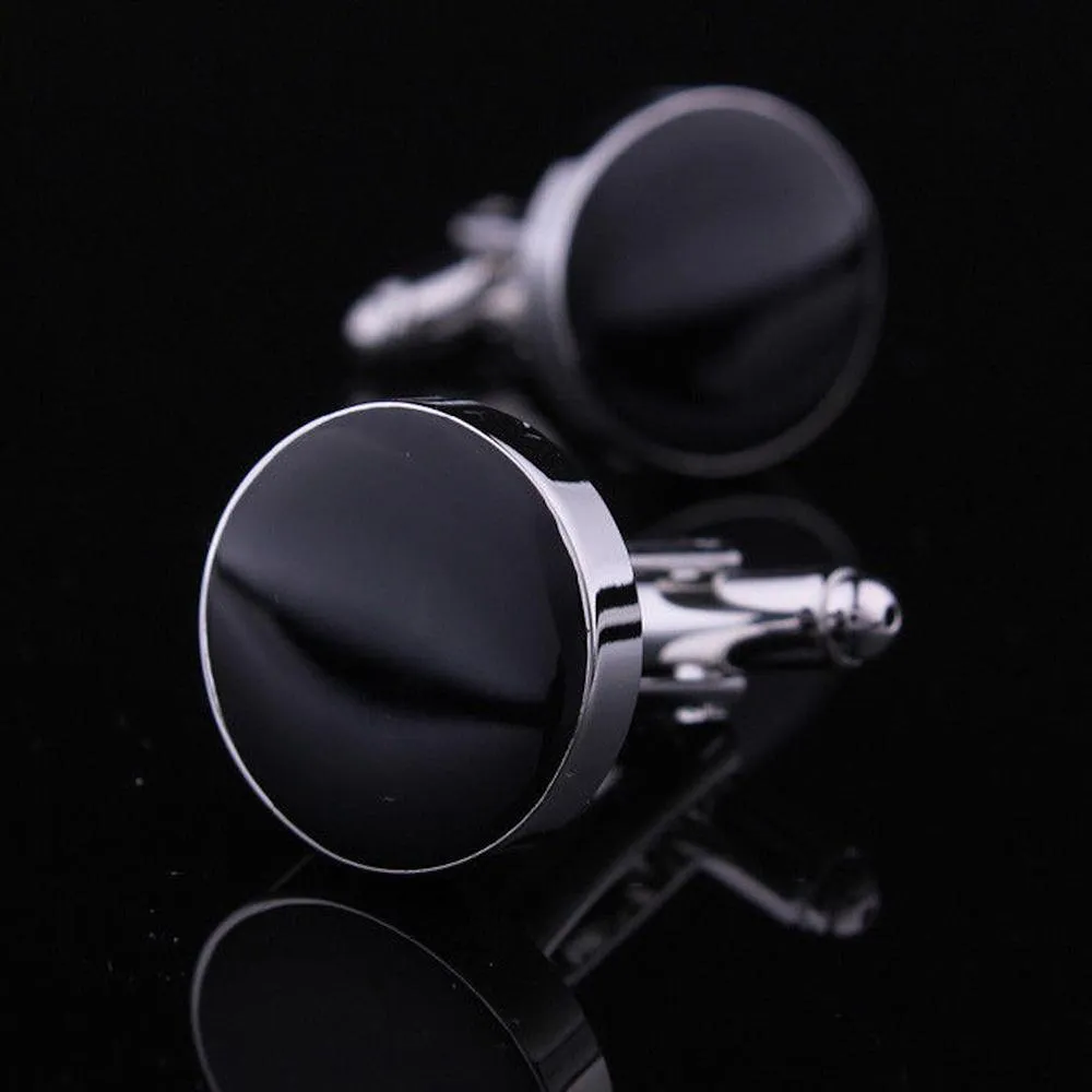 Men's Stainless Steel Silver with Black Solid Round Cufflinks with Box