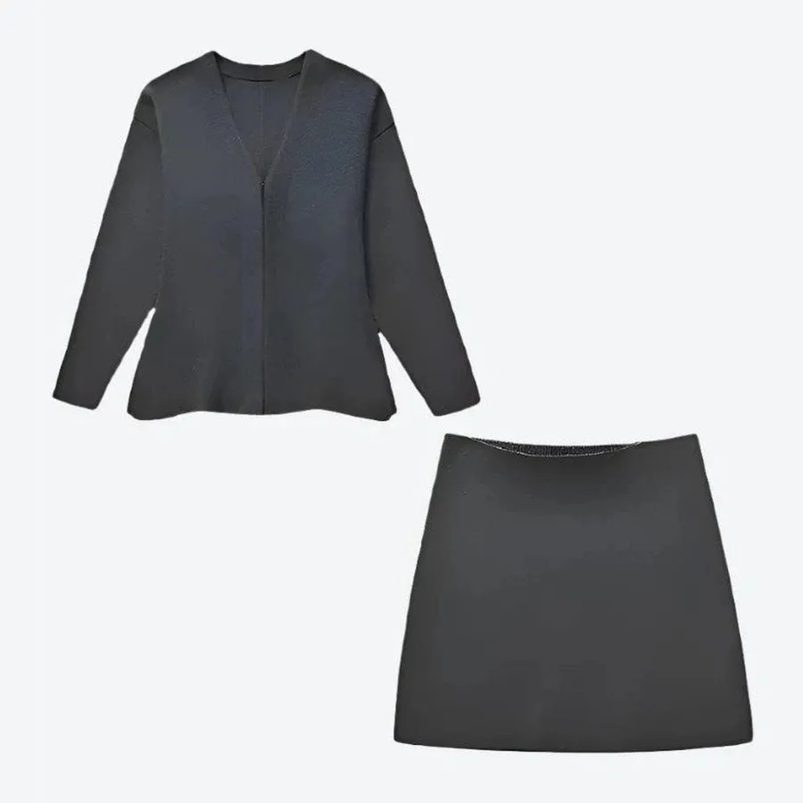Minimalist V-Neck Cardigan Skirt Set