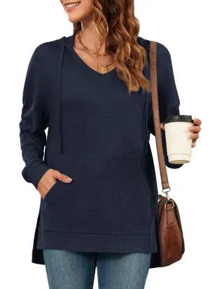 MOLERANI Hoodies for Women 2024 Casual Long Sleeve Waffle Knit Drawstring Side Split Pullover Sweatshirts with PocketNavy BlueXL
