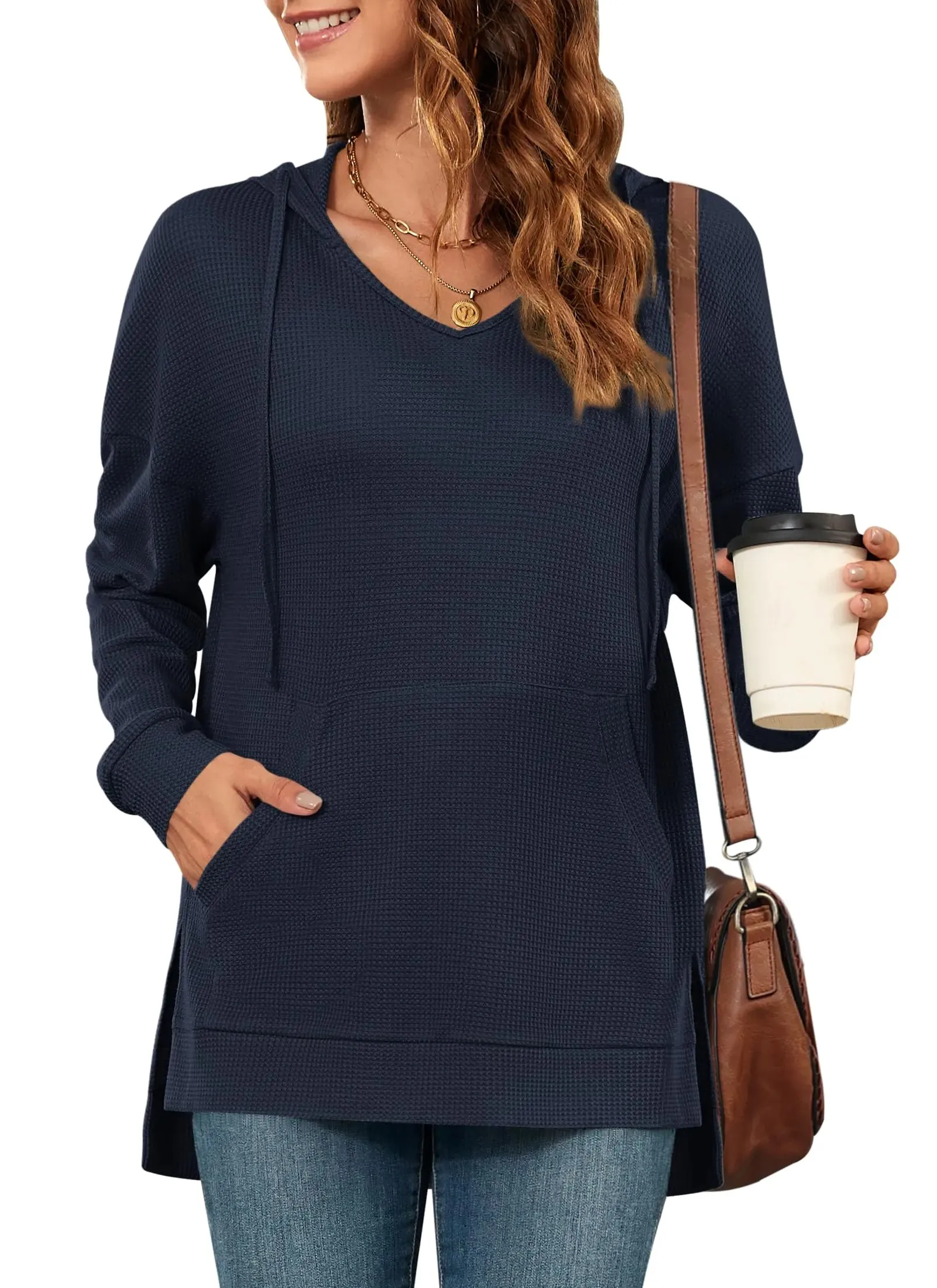 MOLERANI Hoodies for Women 2024 Casual Long Sleeve Waffle Knit Drawstring Side Split Pullover Sweatshirts with PocketNavy BlueXL