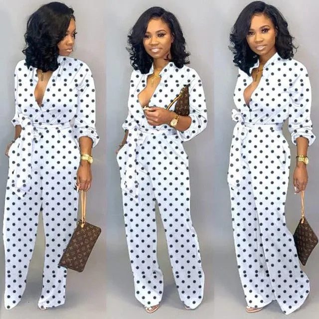 New Fashion Jumpsuit For Women 2019 Dot Black White Rompers Button Up Self Belted Pockets Womens Jumpsuit Casual Loose Romper