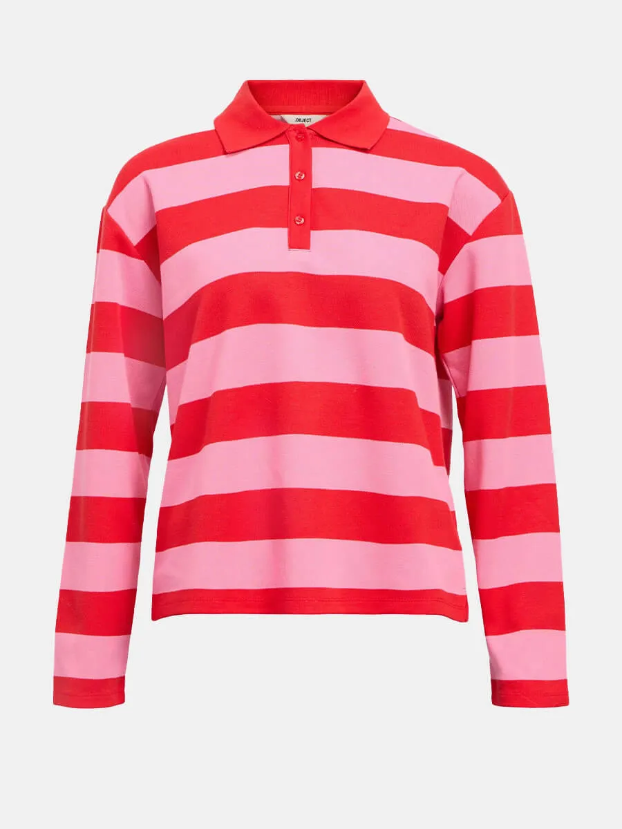 OBJMillie Striped Polo Shirt - Flame Scarlet