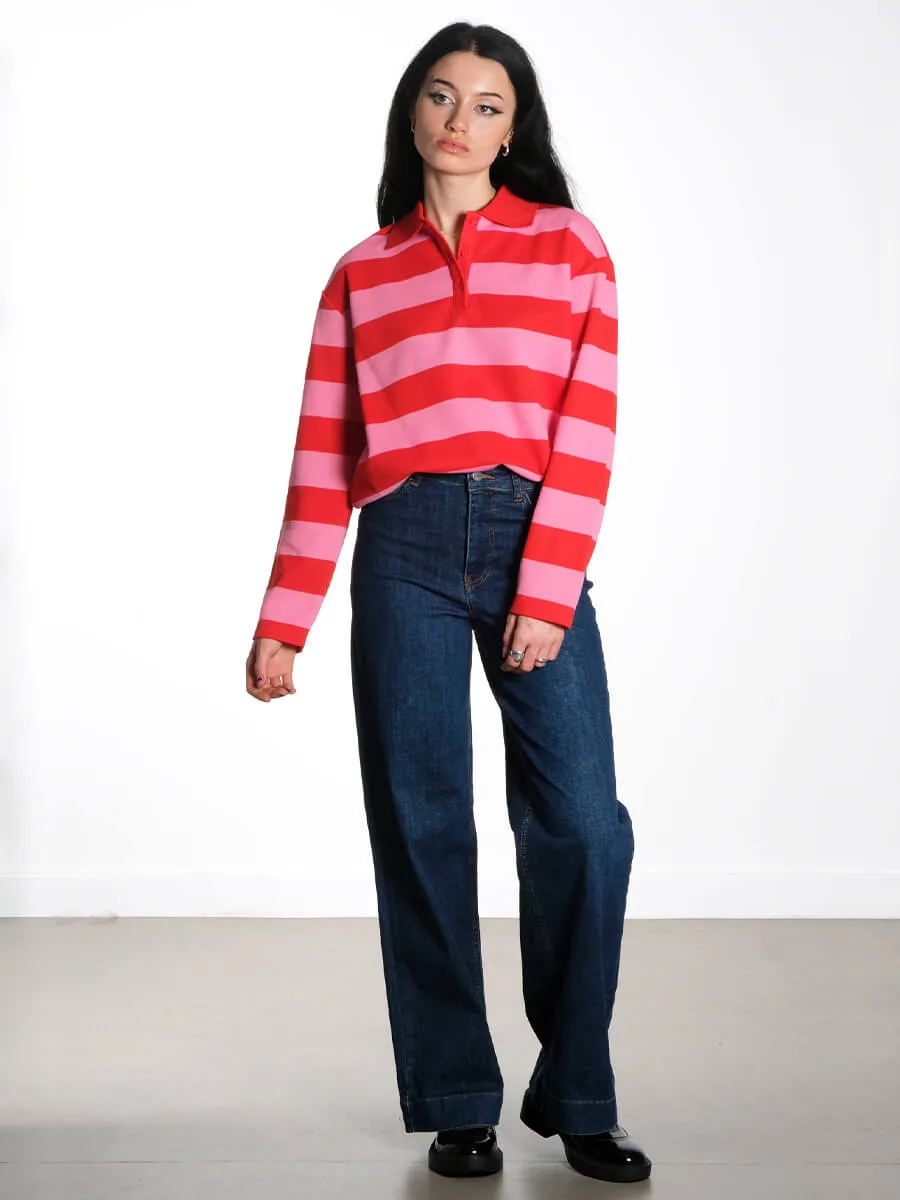 OBJMillie Striped Polo Shirt - Flame Scarlet