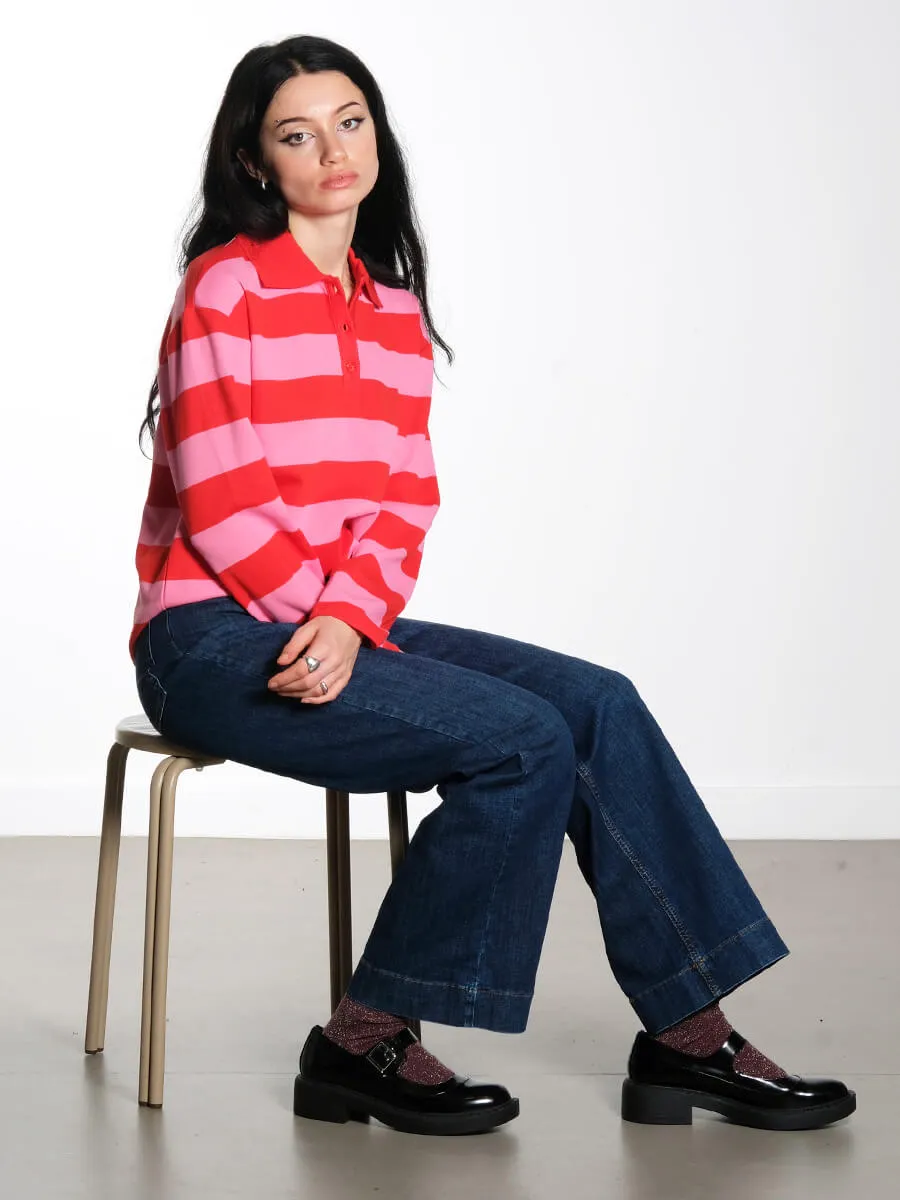 OBJMillie Striped Polo Shirt - Flame Scarlet