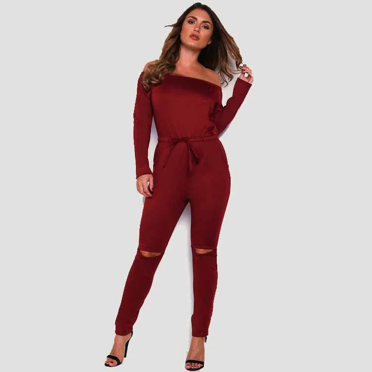 Off Shoulder Long Jumpsuit Women Rompers Hollow Out Lace Up Bodysuit Overalls Plus Size Playsuit