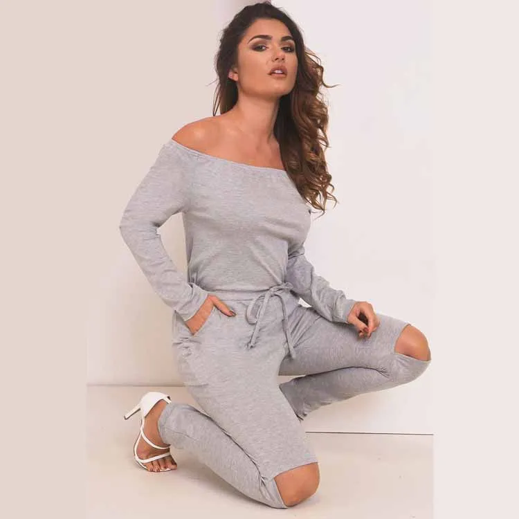 Off Shoulder Long Jumpsuit Women Rompers Hollow Out Lace Up Bodysuit Overalls Plus Size Playsuit