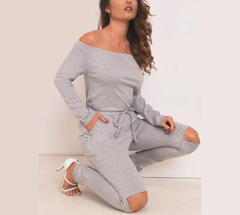 Off Shoulder Long Jumpsuit Women Rompers Hollow Out Lace Up Bodysuit Overalls Plus Size Playsuit