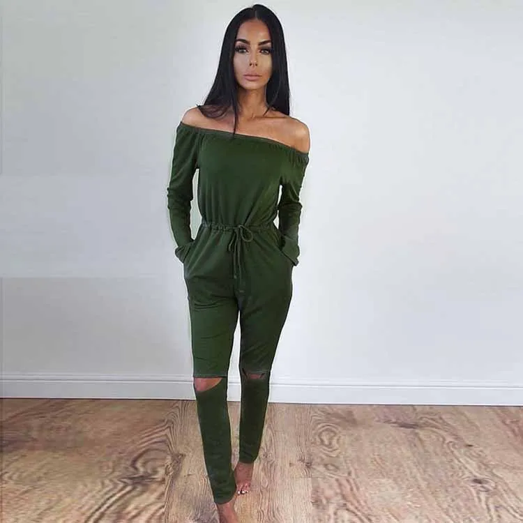 Off Shoulder Long Jumpsuit Women Rompers Hollow Out Lace Up Bodysuit Overalls Plus Size Playsuit