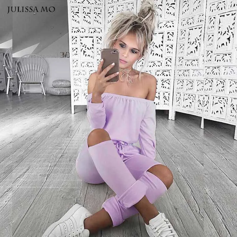Off Shoulder Long Jumpsuit Women Rompers Hollow Out Lace Up Bodysuit Overalls Plus Size Playsuit