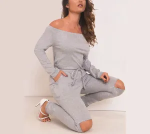 Off Shoulder Long Jumpsuit Women Rompers Hollow Out Lace Up Bodysuit Overalls Plus Size Playsuit