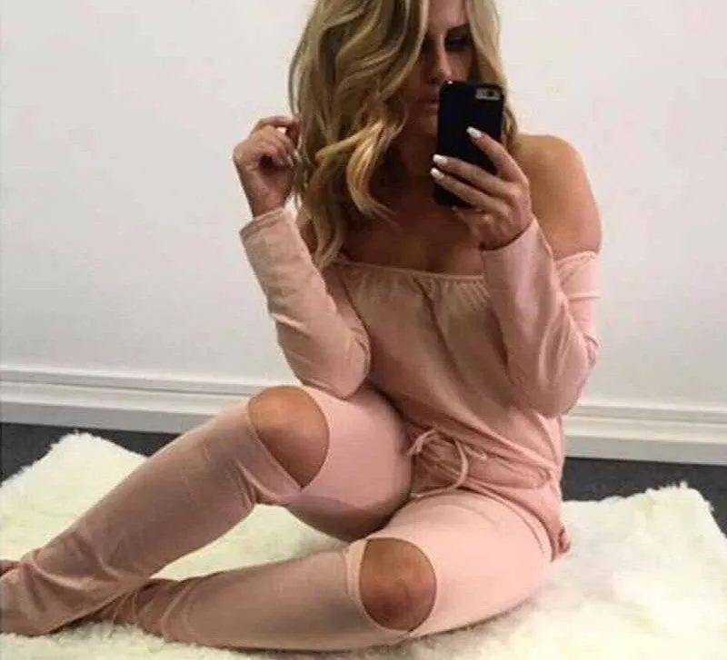 Off Shoulder Long Jumpsuit Women Rompers Hollow Out Lace Up Bodysuit Overalls Plus Size Playsuit