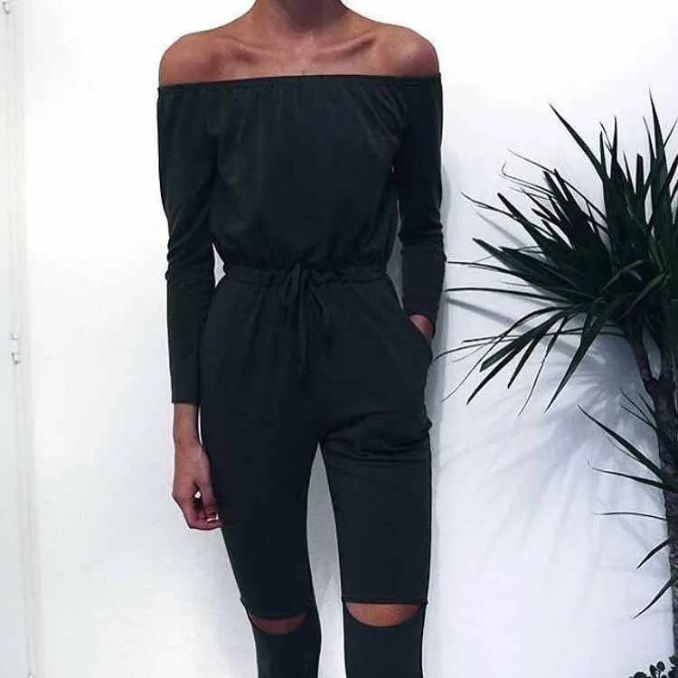Off Shoulder Long Jumpsuit Women Rompers Hollow Out Lace Up Bodysuit Overalls Plus Size Playsuit