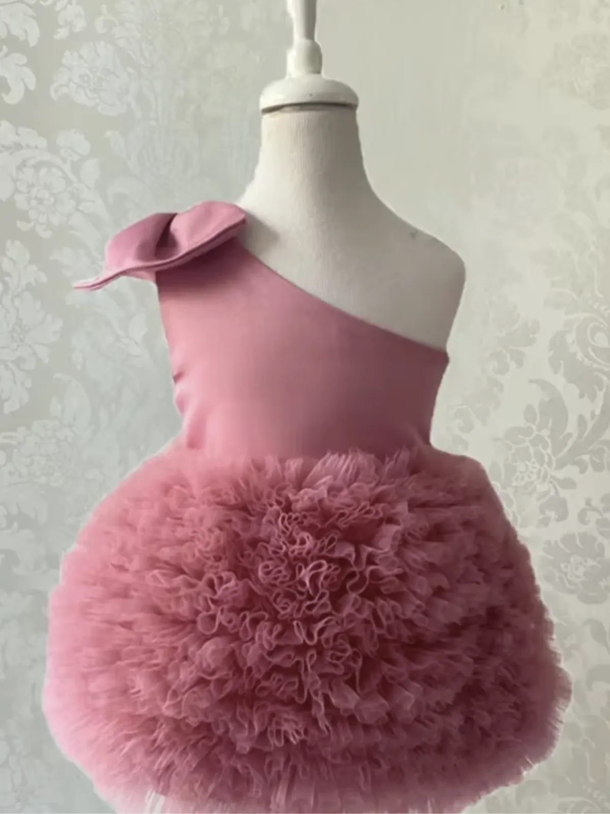 One Shoulder Bow Ruffle Tulle Dress